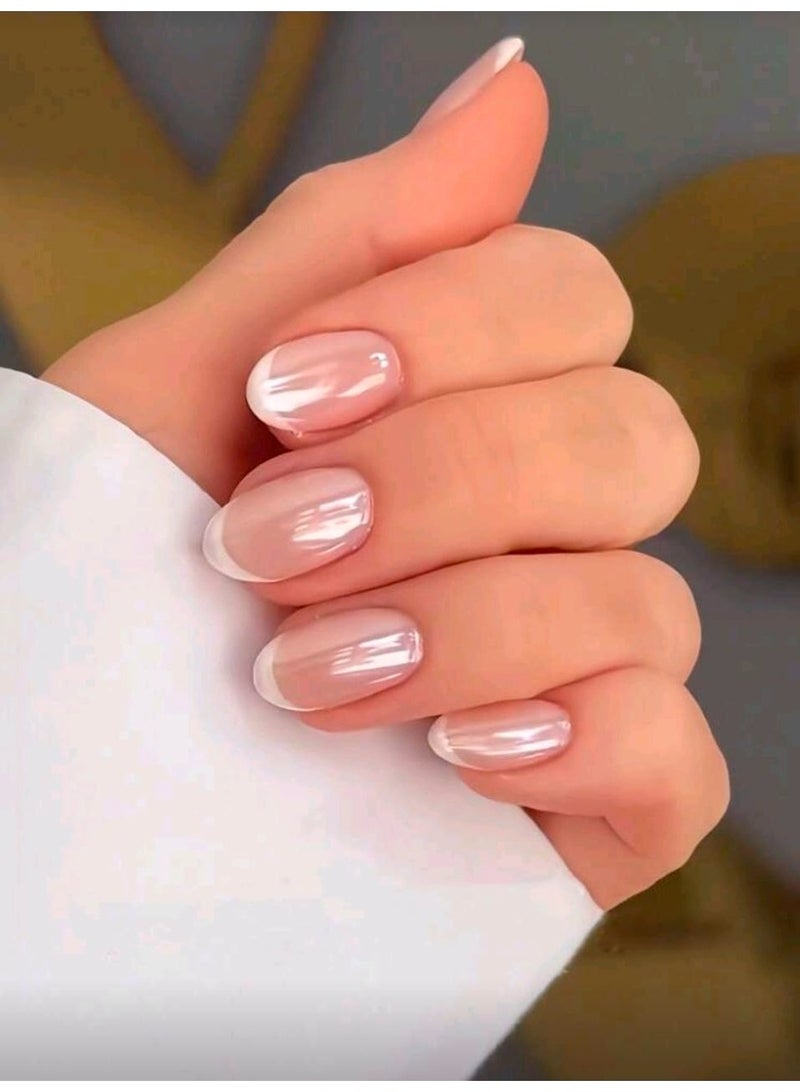 Shein 30pcs Retro Streetwear Minimalist Elegant Daily Classic Ultramodern Nordic Style Aurora White French Short Oval Press-On Fake Nails Set - Image 1